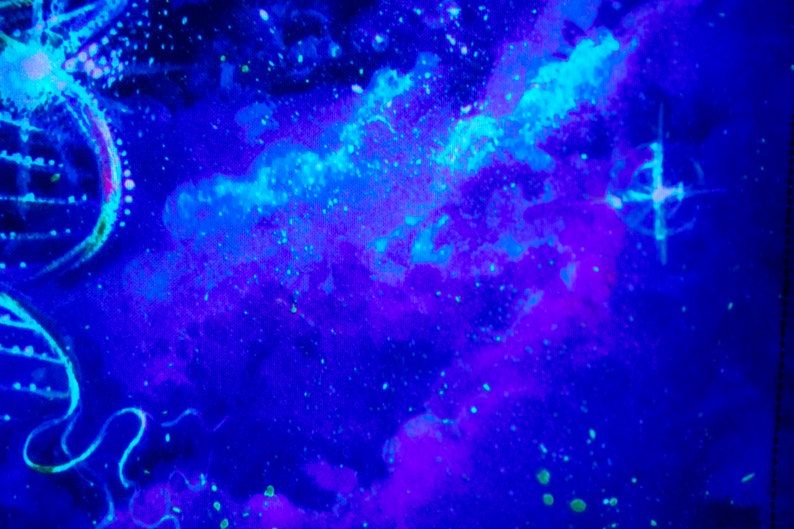 May include: Abstract painting with a blue and purple background. The painting has a galaxy-like appearance with white and blue stars and swirls.