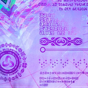 May include: A purple and white abstract design with a circular symbol in the center. The symbol is surrounded by a ring of smaller symbols. The design is on a textured background.