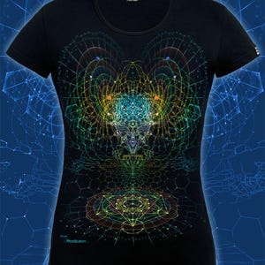 Psytrance Black Cotton T-Shirt For Women, Psychedelic Party Festival Outfit, Fluorescent Top, Trippy Style Tee, Neon Clothing, Visionary Art