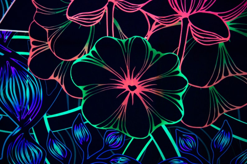 May include: A black background with a neon green, pink, and blue floral pattern. The flowers are stylized and have a graphic design.