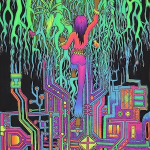 May include: A psychedelic art print featuring a person climbing a tree with glowing green vines and branches. The person is wearing a pink and purple outfit. The background is black with a colorful circuit board design.