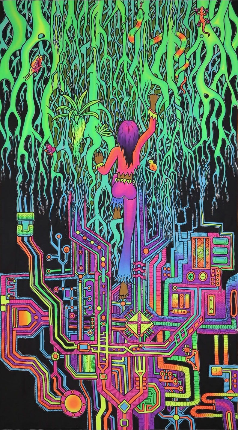 May include: A psychedelic art print featuring a person climbing a tree with glowing green vines and branches. The person is wearing a pink and purple outfit. The background is black with a colorful circuit board design.