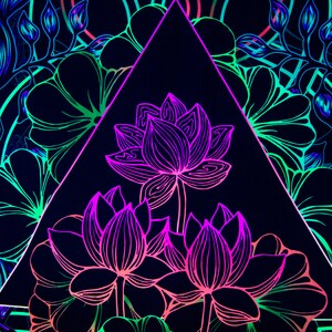 May include: A black background with a neon green, blue, and pink floral design. A pink and purple lotus flower is in the center of a triangle.