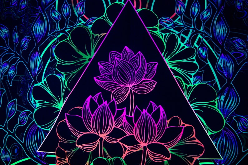 May include: A black background with a neon green, blue, and pink floral design. A pink and purple lotus flower is in the center of a triangle.