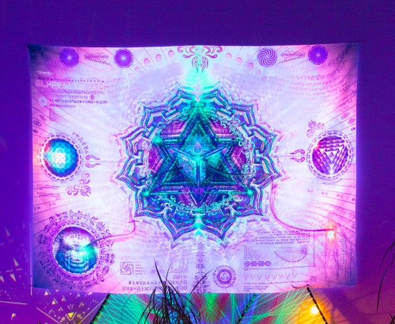 Fluorescent Artwork, Yoga UV Backdrop, Meditation Wall Art, Yoga Art, Trippy Gift, Unique Home Deco, UV Active Tapestry, Unique Gift