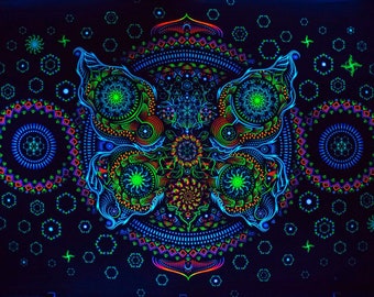 May include: A blacklight poster with a psychedelic design featuring a butterfly with intricate patterns and glowing colours, including green, blue, and orange.