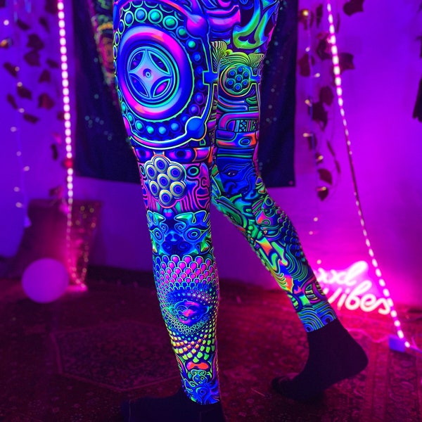 UV Active Wear, Rave Outfit Leggings, Boho Leggings, Trippy Pants, Burning Man Leggings, Neon Tights, Unisex Leggings, Psychedelic Clothing