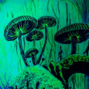 May include: A blacklight painting of a forest scene with glowing green and blue colors. The painting features large mushrooms with striped caps and a bridge made of wood. There are also butterflies and other small details in the painting.