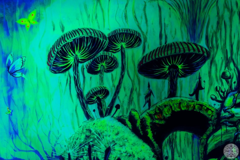 May include: A blacklight painting of a forest scene with glowing green and blue colors. The painting features large mushrooms with striped caps and a bridge made of wood. There are also butterflies and other small details in the painting.