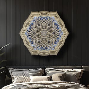 Sacred Geometry Hexagon Mandala Lamp, Bohemian Above Bed Deco,  Flower of Life Mandala Wall Art, Healing High Vibration Psychedelic Decor