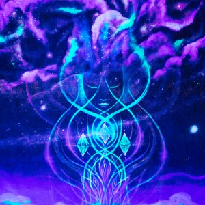 Puede incluir: Una pintura digital de la cara de una mujer rodeada de nubes azules y moradas que se arremolinan. Los ojos de la mujer est&aacute;n cerrados y tiene una expresi&oacute;n serena. La pintura est&aacute; hecha en un estilo que recuerda a un sue&ntilde;o o una visi&oacute;n.