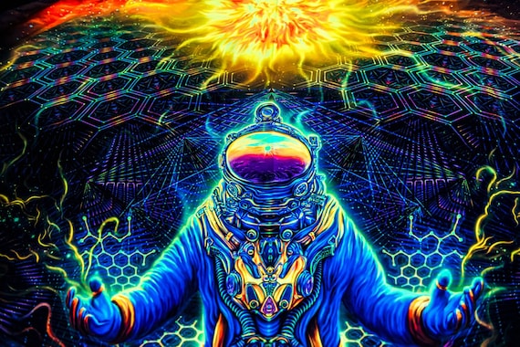 トリッピーな背景、宇宙飛行士のサイケデリックなタペストリー