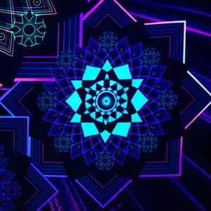 May include: Abstract digital art featuring geometric shapes and floral patterns in shades of blue, teal, and purple against a black background. The design includes layered squares and radial symmetry, creating a vibrant, modern aesthetic.