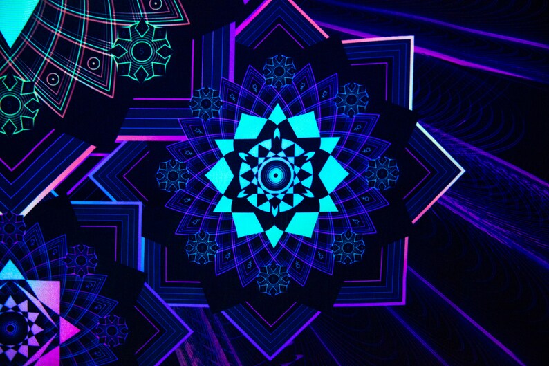 May include: Abstract digital art featuring geometric shapes and floral patterns in shades of blue, teal, and purple against a black background. The design includes layered squares and radial symmetry, creating a vibrant, modern aesthetic.