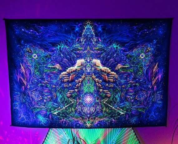 Fluorescent Backdrop, Shiva UV Tapestry, Nature Backdrop, Yoga Home Deco, Meditation Room Deco, Mystical Home Decoration, Hippie Trippy Art