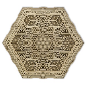 May include: A beige hexagonal wooden wall art piece with a layered geometric design. The design features intricate patterns and shapes, creating a visually complex and intricate piece.