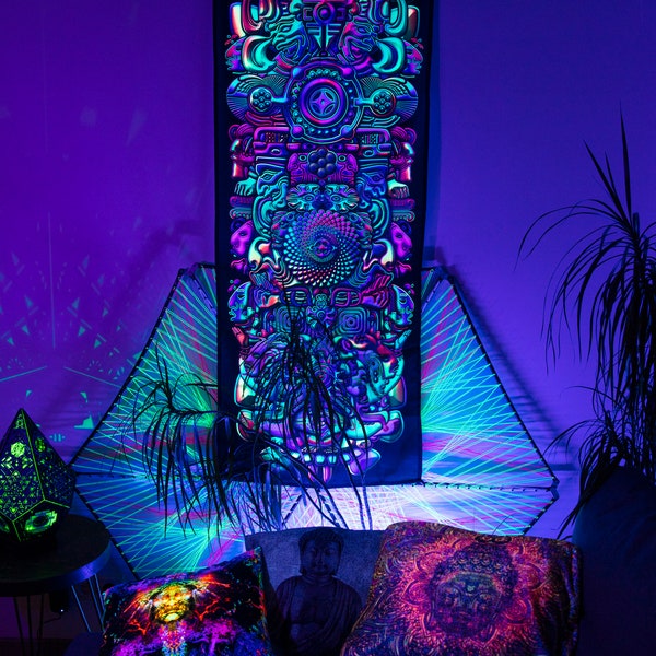 Shamanic Gobelin, Sacred Wall Deco, Fluorescent Tapestry, Surreal Wall Art, Blacklight Decor, Spiritual Gift, Psytrance Tapestry