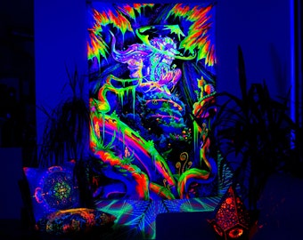 Fondo de hongo activo con luz negra, tapiz con luz ultravioleta activa, decoración de pared fluorescente, meditación espiritual, arte fractal visionario, fiesta psicodélica