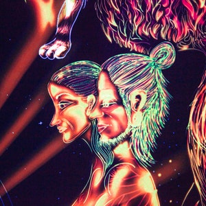 May include: A black background with two figures drawn in neon colors. The figures are a woman and a man, with their heads touching. The woman has long, dark hair and the man has long, light hair. The figures are drawn in a stylized, abstract style.