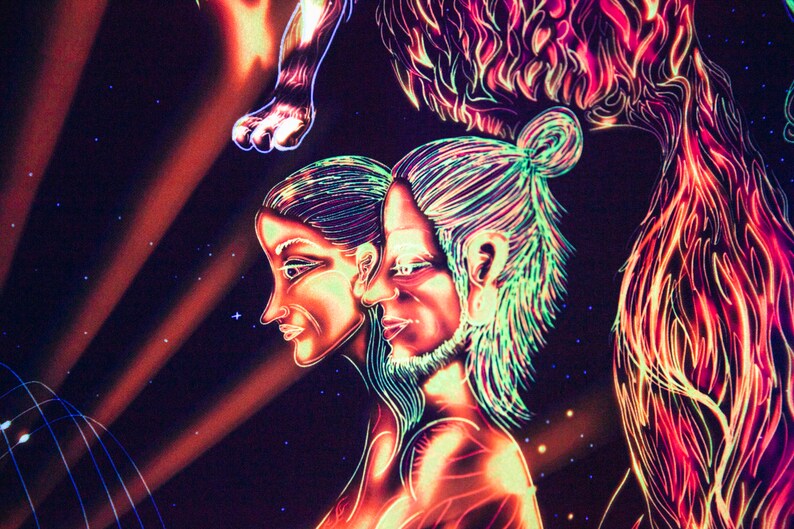 May include: A black background with two figures drawn in neon colors. The figures are a woman and a man, with their heads touching. The woman has long, dark hair and the man has long, light hair. The figures are drawn in a stylized, abstract style.
