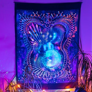 Spiritual Backdrop, Fluorescent Tapestry, Psychedelic Visionary Art, Surreal Wall Art, Blacklight Decor, Spiritual Gift, Psytrance Tapestry