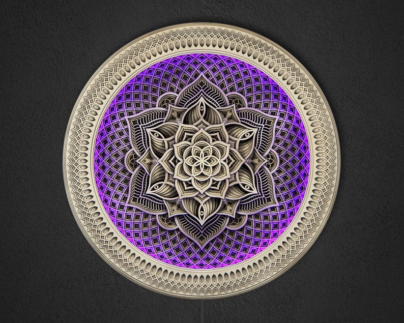 Wall Wooden Bedside Lamp, Psychedelic Lamp, Wooden Lamp, Wood LED Lamp, Bohemian Lamp, Boho Lamp, Flower of Life Art, Mandala Wall Art image 1