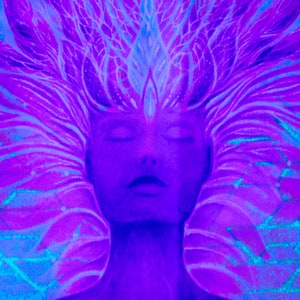May include: A digital painting of a person with their eyes closed. The person's head is surrounded by a swirling, abstract design in shades of purple and blue.