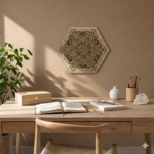 May include: A hexagonal wooden wall art piece featuring an intricate, laser-cut mandala pattern with layered geometric details. The design displays a symmetrical arrangement of curved lines and shapes, creating a deep, textured appearance.
