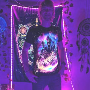 UV Active Psytrance Festival T-Shirt, Glow in the Dark and Fluorescent, Cotton with Shiva Design, Blacklight Clothes, Goatrance Style