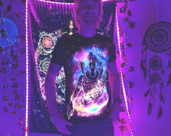 UV Active Psytrance Festival T-Shirt, Glow in the Dark and Fluorescent, Cotton with Shiva Design, Blacklight Clothes, Goatrance Style