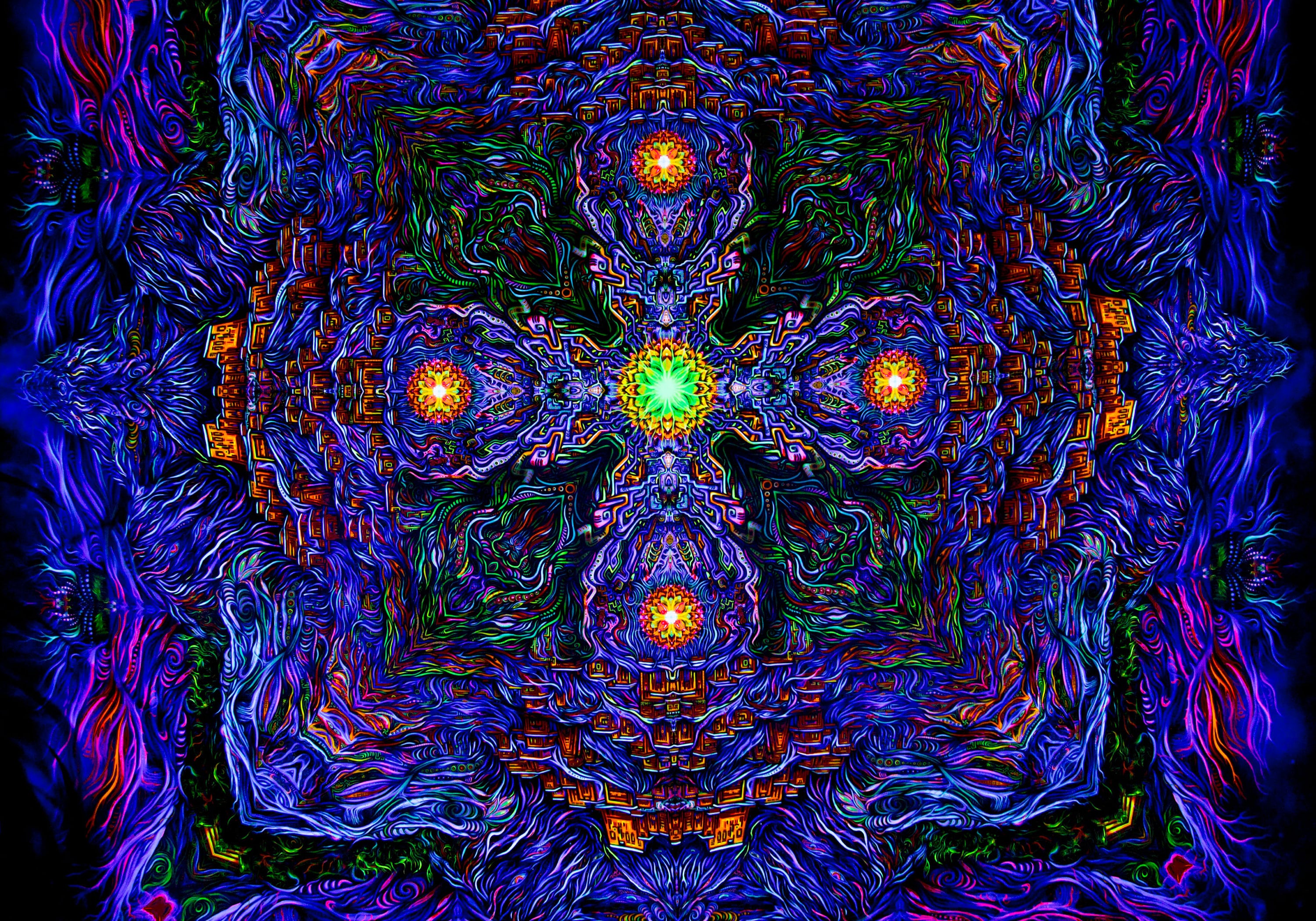 サイケデリック曼荼羅 ファブリックパネル 約91×60×3cm サイケデリック タペストリー UV マンダラ ブラックライト 難解