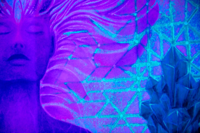 May include: A close-up of a purple and blue abstract painting with a geometric pattern. The painting features a woman's face with her eyes closed and a flowing hair design.
