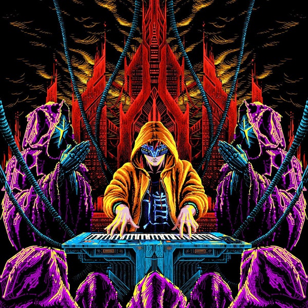 Cyberpunk Wandteppich, Neon Ultraviolet Art, Postapokalypse Darksynth Sythpop Retrowave Decor, Schwarzlicht aktiv UV Disco Hintergrund