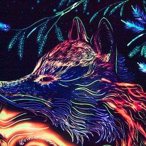 May include: A neon-colored fox head illustration with a black background. The fox is outlined in blue, green, and orange neon colors. The fox's eyes are red.