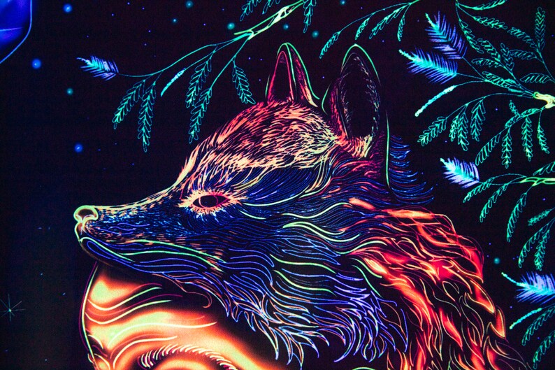 May include: A neon-colored fox head illustration with a black background. The fox is outlined in blue, green, and orange neon colors. The fox's eyes are red.