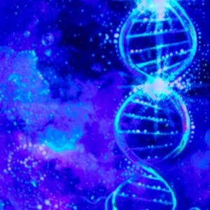 May include: A blue and white abstract watercolor painting with a DNA double helix in the center. The background is a dark blue with white and light blue swirls.