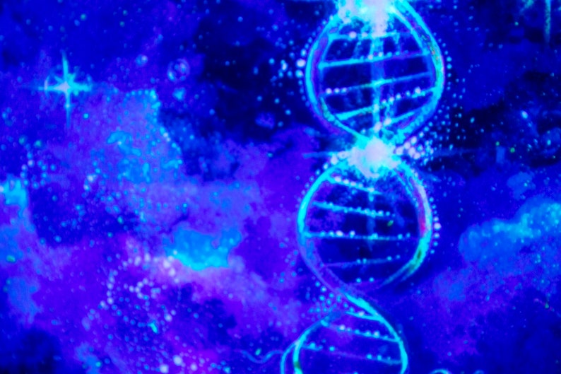 May include: A blue and white abstract watercolor painting with a DNA double helix in the center. The background is a dark blue with white and light blue swirls.