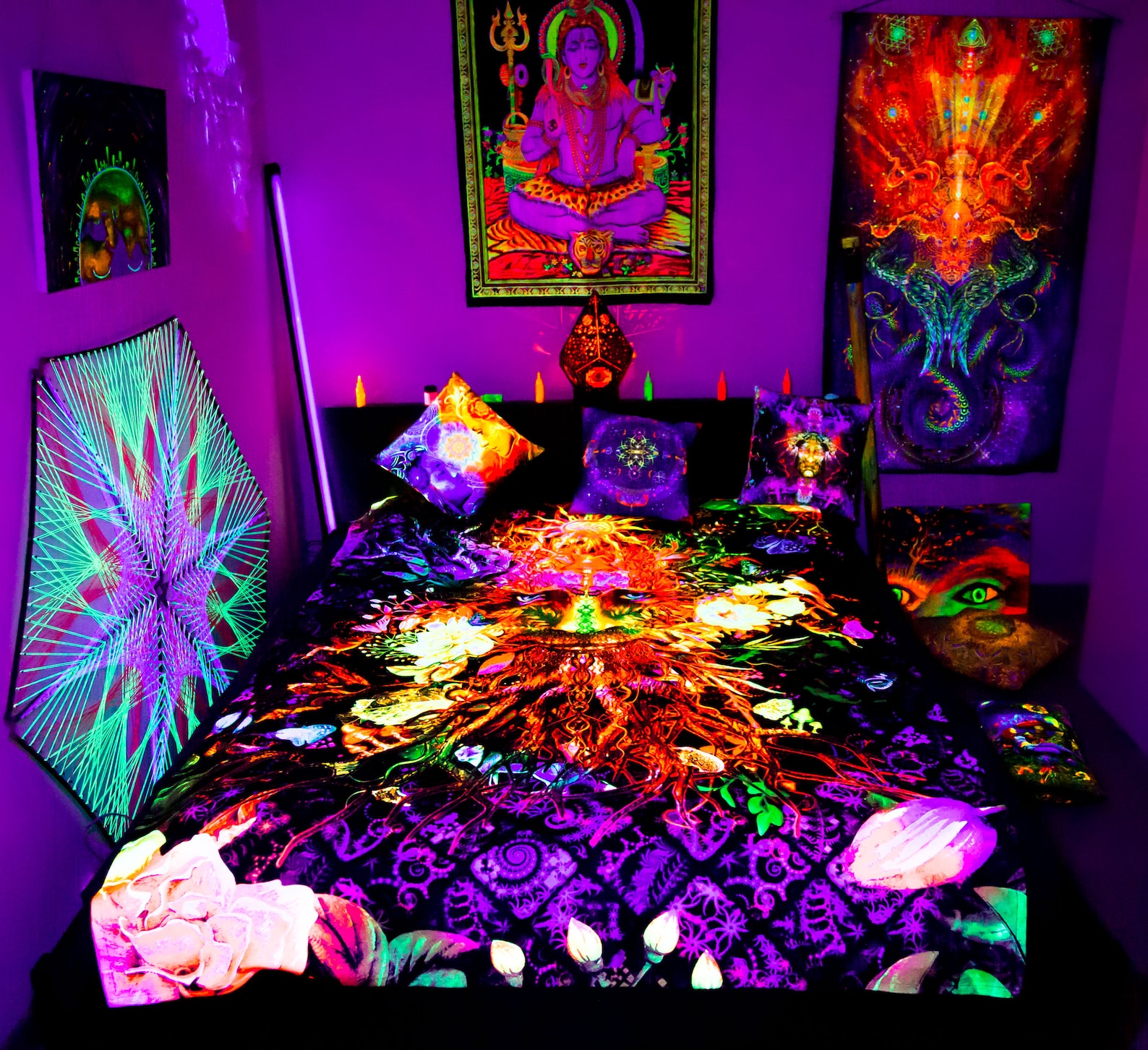 Neon Bedding Trippy Bedroom Decor Bohemian Blanket UV Etsy