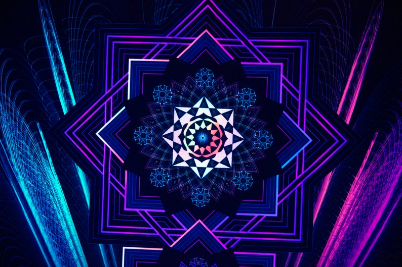 May include: Abstract digital art featuring a symmetrical geometric design. The artwork showcases a central star-like pattern with a gradient of colors, including blue, pink, and purple. The background is dark, with neon lines and shapes.