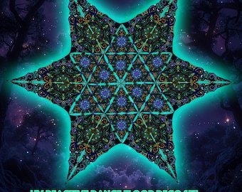 May include: A UV reactive dance floor deco set in a star shape with a teal outline. The design features intricate patterns in black, teal, orange, and purple. The size after stretching is 49 x 49 ft.