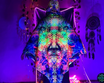 Neonkleding, UV-actieve kleding, hippieponcho, trippy kleding, etnische poncho, Cape Mandala, Fractal Wear, Psytrance-outfit, Festivalmantel