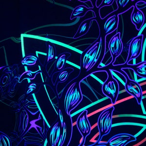 May include: Abstract art print with a black background and neon blue and green lines and shapes. The design features a stylized plant with leaves and branches.