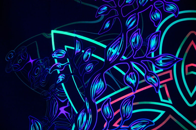 May include: Abstract art print with a black background and neon blue and green lines and shapes. The design features a stylized plant with leaves and branches.