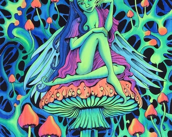 May include: A psychedelic illustration of a fairy sitting on a mushroom with a glowing green, blue, and orange colour scheme. The fairy has long blue hair, green skin, and a pink dress. The background is a swirling pattern of mushrooms and vines.