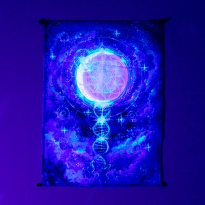 May include: A black tapestry with a glowing blue and pink moon, a flower of life design, and a spiral pattern. The tapestry is decorated with white stars and a galaxy-like background.