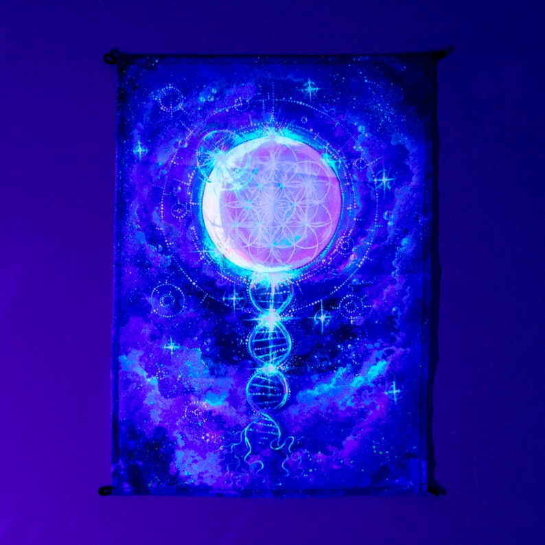 May include: A black tapestry with a glowing blue and pink moon, a flower of life design, and a spiral pattern. The tapestry is decorated with white stars and a galaxy-like background.