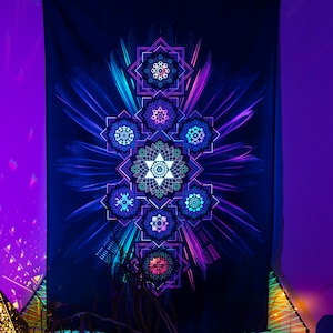May include: A dark blue tapestry with a vibrant, geometric design. The artwork features seven star-like shapes in shades of blue, teal, and pink, arranged vertically. The design is accented with radiating lines, creating a glowing effect. The tapestry is likely used for wall decor.