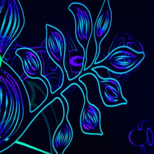 May include: Abstract neon art with a blue and purple floral design on a black background.