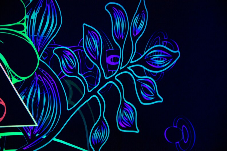 May include: Abstract neon art with a blue and purple floral design on a black background.