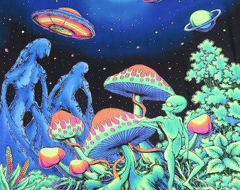 Fondo fluorescente de luz negra, tapiz UV, tapiz psicodélico, arte psicodélico, meditación, pintura fractal visionaria, batik hecho a mano.